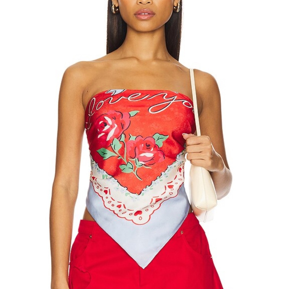 For Love And Lemons Red and White Floral Scarf Top NWT